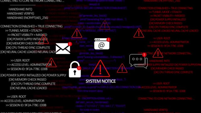 Digital core overheat alert icon with binary code background. The attention grabbing icon highlights the importance of digital safety in today's interconnected world. 4K System Warning video
