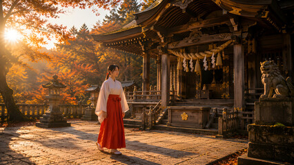 Naklejka premium Shinto miko maiden walking in the courtyard of a traditional Japanese shrine in autumn, beautiful sunbeam hitting autumn leaves, culture and religion concept, Generative AI