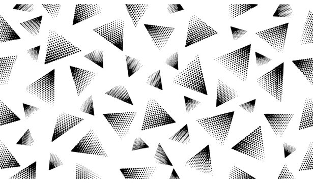 Abstract Geometric Seamless Pattern Featuring Halftone Triangle Shapes, Monochrome Textures, and Minimalist Dot Gradients for Modern Web Backgrounds, Fabrics, and Creative Packaging Designs