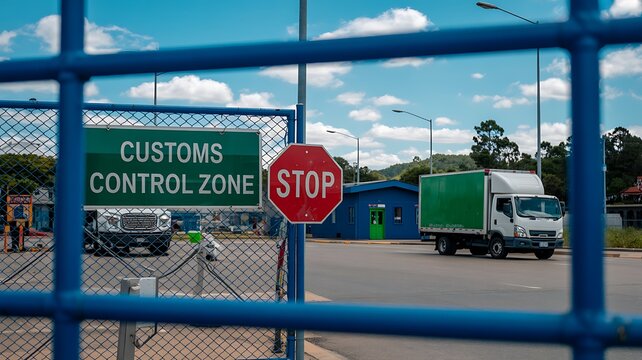Customs control zone checkpoint with stop sign and cargo truck