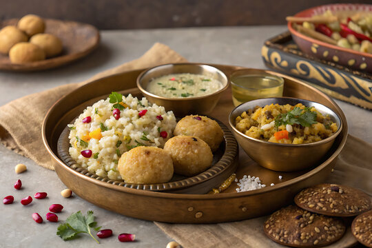 Traditional Indian Navratri fasting food platter with sabudana khichdi and sweets, rustic background, premium stock image