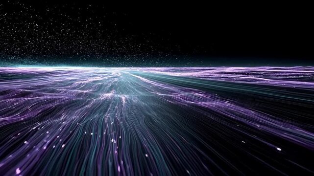 Abstract futuristic glowing data stream and high-speed motion blur starry sky. Purple and cyan neon energy line fiber optic visual effect. Dynamic background for metaverse, big data, quantum computing