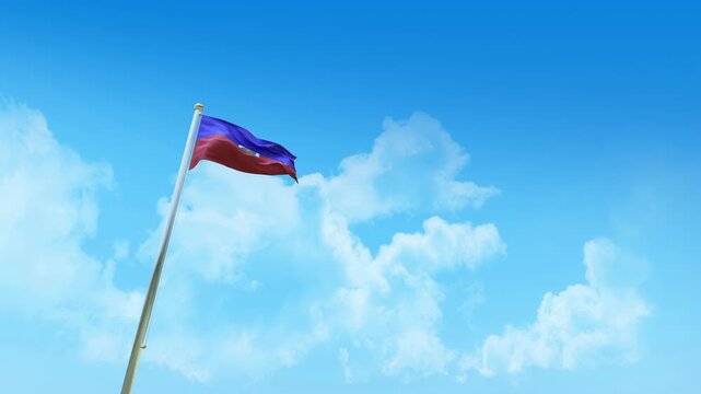 Haiti Flag 3D Render Animation on Pole with Blue Sky and Clouds - Low Angle View