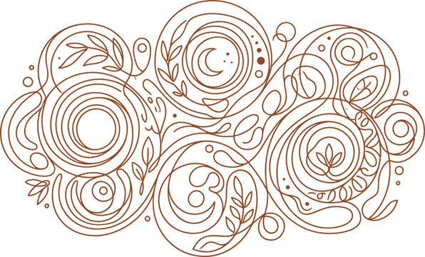Abstract boho celestial line art decoration element with swirling continuous lines mystical crescent moon stars and botanical leaves isolated on white background vector.