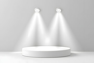 Obraz premium Studio podium vector background illustration. Round stage illuminated by three bright spotlights.