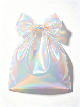 Shiny holographic iridescent favor bags with integrated ribbon handles and front bow details, mirror-like shifting rainbow finish, displayed against a solid white studio background with gentle diffuse