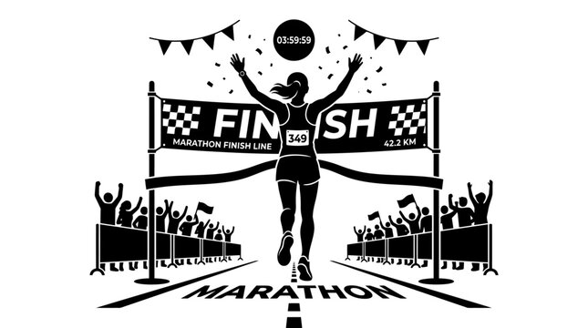 Runner Crossing Marathon Finish Line, Victory Celebration, Crowd Cheering