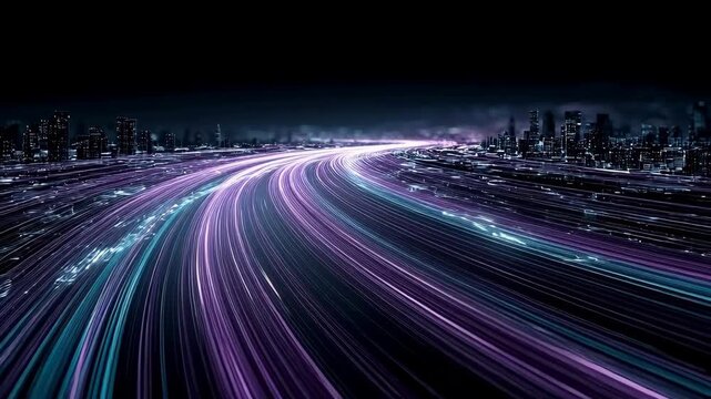Abstract futuristic city night with high-speed neon light trails and glowing purple data streams. Modern digital highway motion blur for network communication, fiber optics, cyberspace, and tech conce