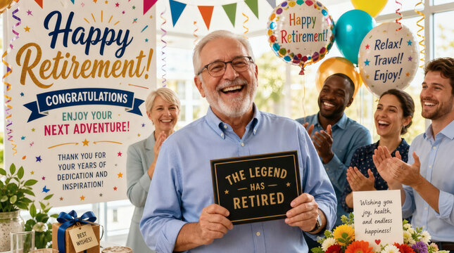 joyful retirement celebration photo vibrant office party with balloons streamers beaming retiree colorful decor bold typography warm gratitude new beginnings happy fulfillment bright airy background e