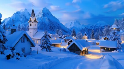 Fototapeta premium Tranquil Winter Village Scene with Snow-Covered Houses and Majestic Mountains Under Soft Blue Sky