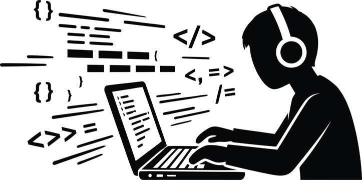 Software developer silhouette working on laptop with code symbols, computer programmer coding at desk, black and white technology vector illustration
