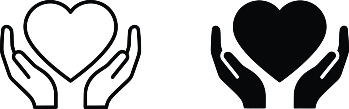 Hands holding heart icon set in outline and solid vector style