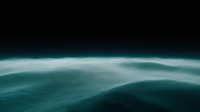 Ethereal teal atmospheric waves gliding through dark cosmic mist with delicate luminous motion