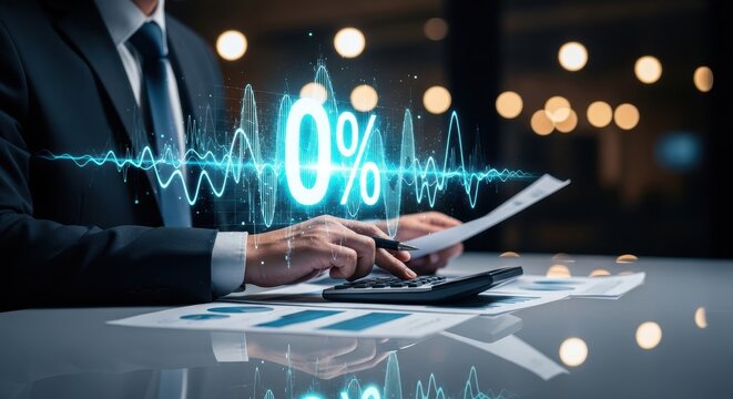 Businessman analyzing zero percent interest rate data using calculator and financial documents in professional office setting