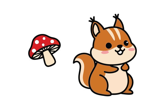 Cute squirrel character with mushroom in kawaii cartoon style. Adorable woodland animal vector illustration isolated on background
