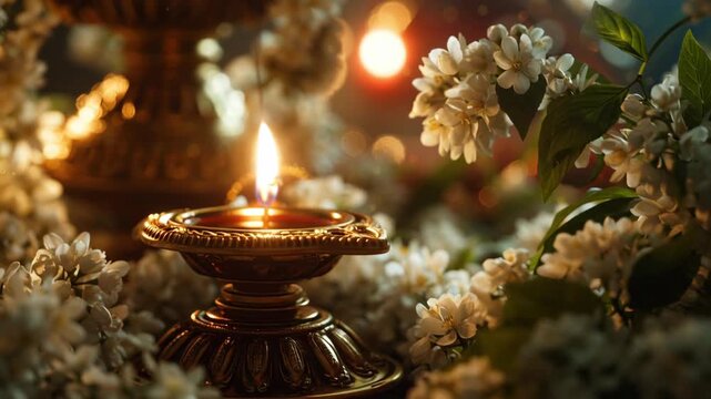 Golden brass diya oil lamp burning with a bright flame, decorated with fresh white jasmine flowers.