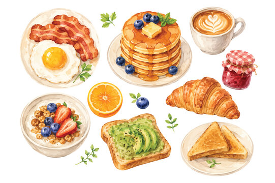 A charming watercolor illustration featuring a delightful assortment of breakfast favorites, painted in a soft and elegant hand-crafted style. The collection includes fluffy pancakes drizzled with map