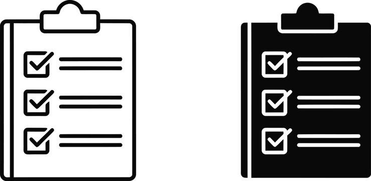 Clipboard with checklist icon in outline and solid vector variations