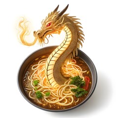 Fototapeta premium Conceptual golden dragon rising from a bowl of hot noodle soup with creature mythical japanese gastronomy mystical sculpture creative