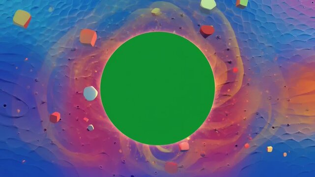 Abstract animated green screen profile placeholder mockup with a glowing circular energy portal, floating particles, and a vibrant blue and orange futuristic background, designed for chroma key compos