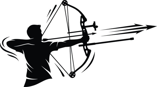 Archery silhouette of man shooting compound bow, professional archer aiming arrow, black and white sports vector illustration