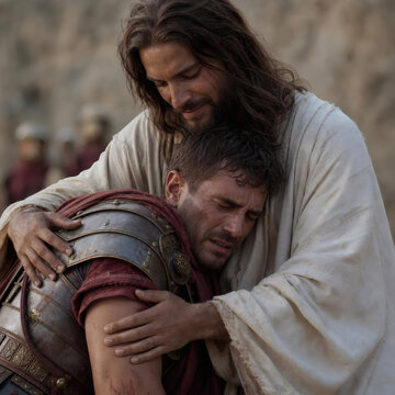 compassionate jesus supporting exhausted roman centurion emotional biblical photography intimate tender moment gentle savior smile traditional armor warm natural light earthy background spiritual art