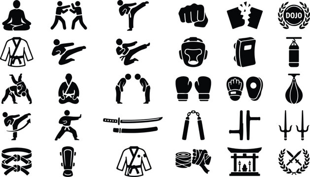 Martial arts and combat sports icons with equipment weapons and poses