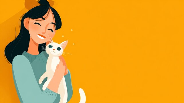 14.Horizontal banner design featuring young woman smiling while holding a cute cat, bright friendly colors, clean background, celebratory International Cat Day concept