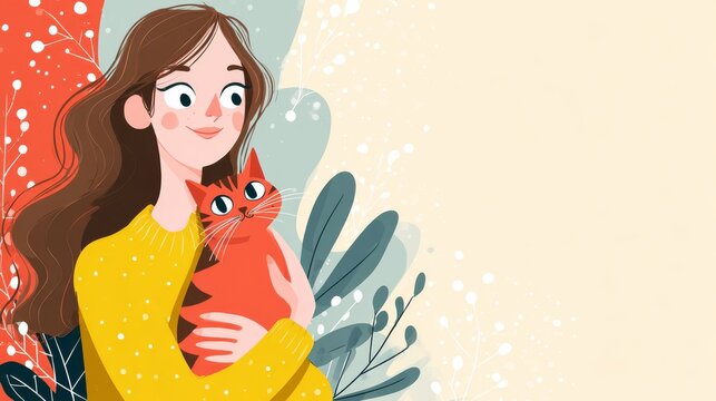 14.Horizontal banner design featuring young woman smiling while holding a cute cat, bright friendly colors, clean background, celebratory International Cat Day concept