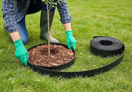 Gardener installing black edging around young tree