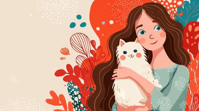 14.Horizontal banner design featuring young woman smiling while holding a cute cat, bright friendly colors, clean background, celebratory International Cat Day concept