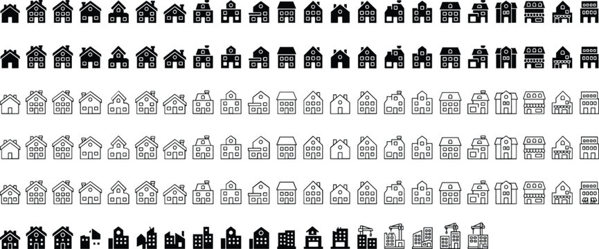 Large bundle of vector house icons in line and solid black styles for real estate or architecture application UI.Large bundle of vector house icons in line and solid black styles for real estate or ar
