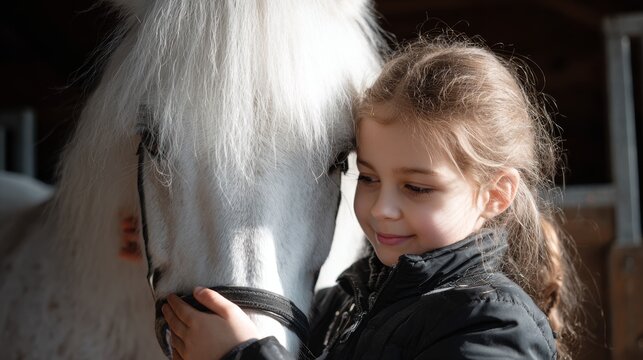 52.Smiling child stroking the mane of a white horse, calm animal behavior, natural light, friendship and trust theme