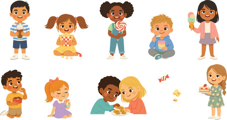 Fototapeta premium Cute Cartoon Diverse Children Having Fun Eating Festival Snacks, Sweets, Ice Cream, and Treats Vector Character Set for Kids Celebration Designs