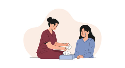 Fototapeta premium Nurse comforting a crying patient with tissues, symbolizing empathy and care.