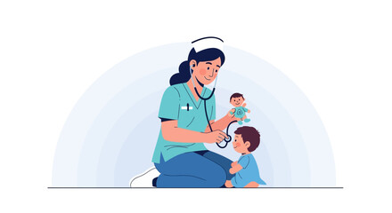 Obraz premium Nurse examining a child with a stethoscope, vector illustration, healthcare, compassion, medical check-up, friendly doctor, pediatric care
