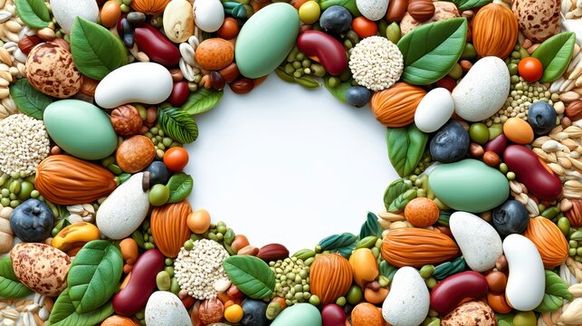 Functional food concept with nut seed bean and grain circle on white background, healthy nutrition frame for wellness and plant based food design