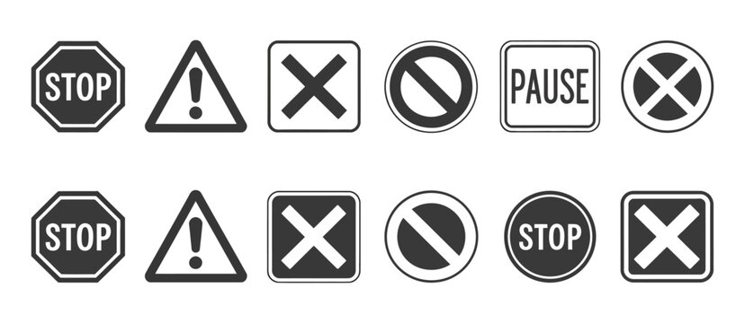 Traffic and control symbols, stop warning no entry pause forbidden end on off signs, transparent background vector icons for signage and ui design.