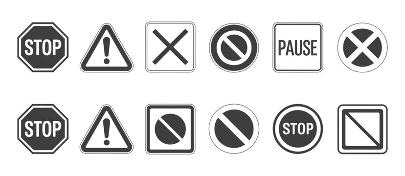 Traffic and control symbols, stop warning no entry pause forbidden end on off signs, transparent background vector icons for signage and ui design.