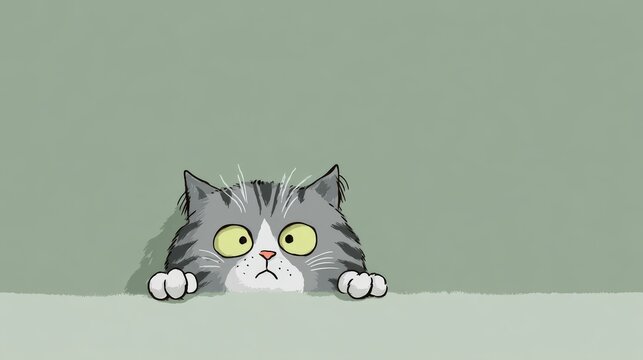 71.Cartoon gray tabby cat with grumpy face peeking over surface, flat design, clean outlines, friendly illustration style