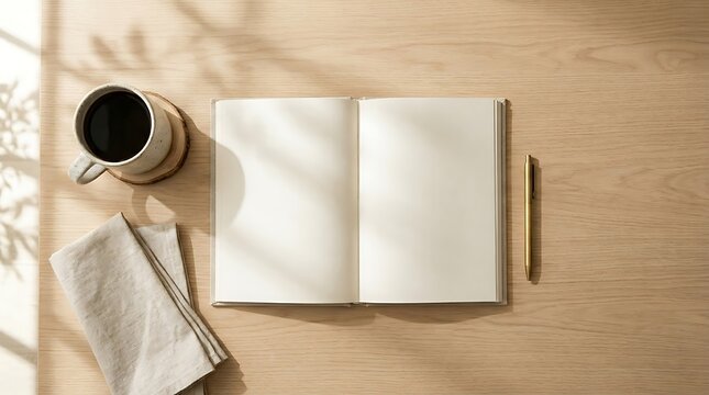 A morning setup of an open notebook, coffee, and napkin on a wooden table by the window.