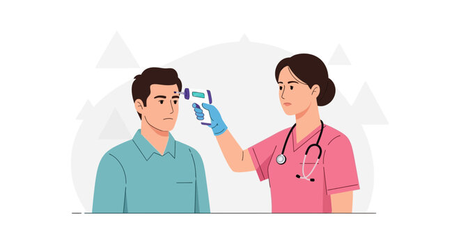 Nurse takes patient's temperature with infrared thermometer for health check during pandemic or illness screening.