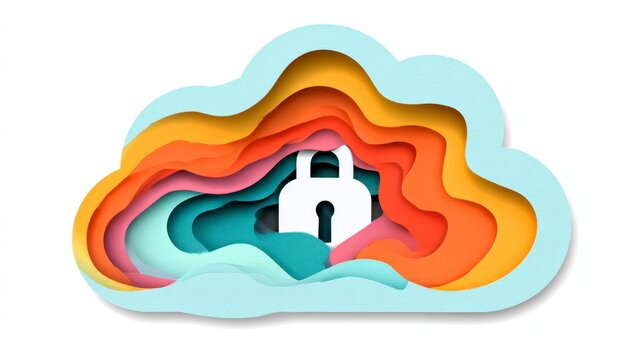 Cloud lock encryption data security paper layer cutout icon