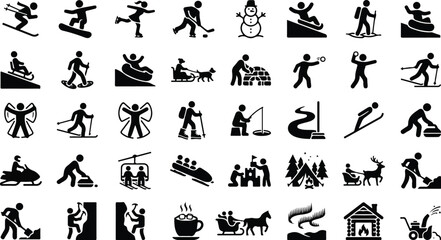 Naklejka premium Winter sports and outdoor seasonal activity icon set
