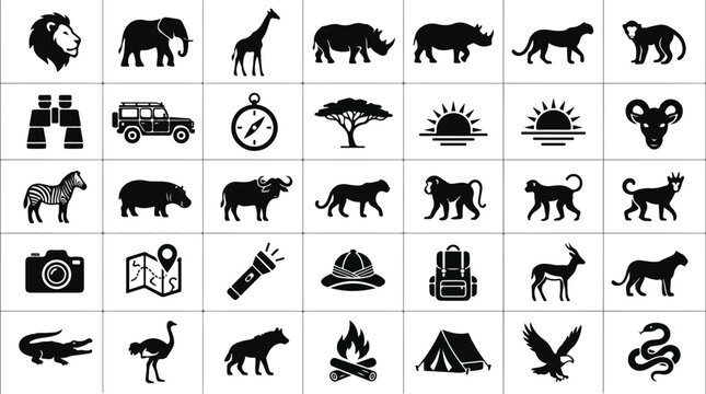 African safari wildlife and travel adventure icons set
