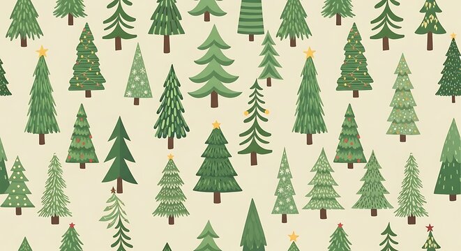 Hand drawn green pine trees seamless pattern with red and yellow ornaments on light beige background