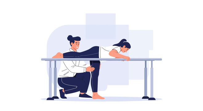 Physical Therapist Assists Patient With Leg Exercise and Rehabilitation Using Parallel Bars