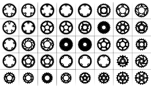 Bicycle Sprocket Wheel Silhouette Set Cycling Gear and Drivetrain Vector Collection