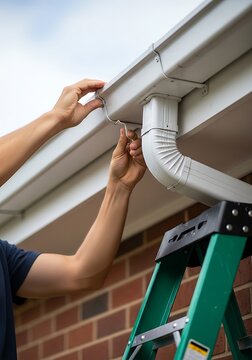 Hands installing white gutter system installation home improvement