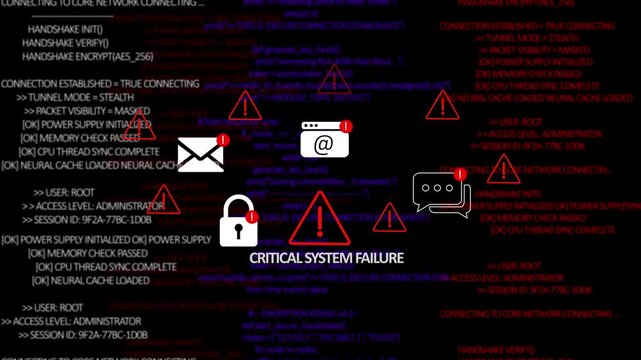 Urgent alert displays AI system hacked with red warning icons flashing around a businessman typing on a laptop in a modern office. 4K Digital Threat Warning Motion Video...